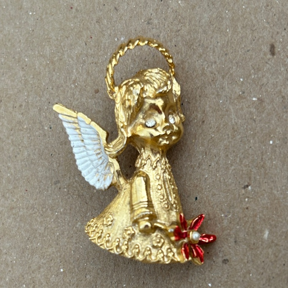 Vintage Gold Angel Brooch with Red Detail